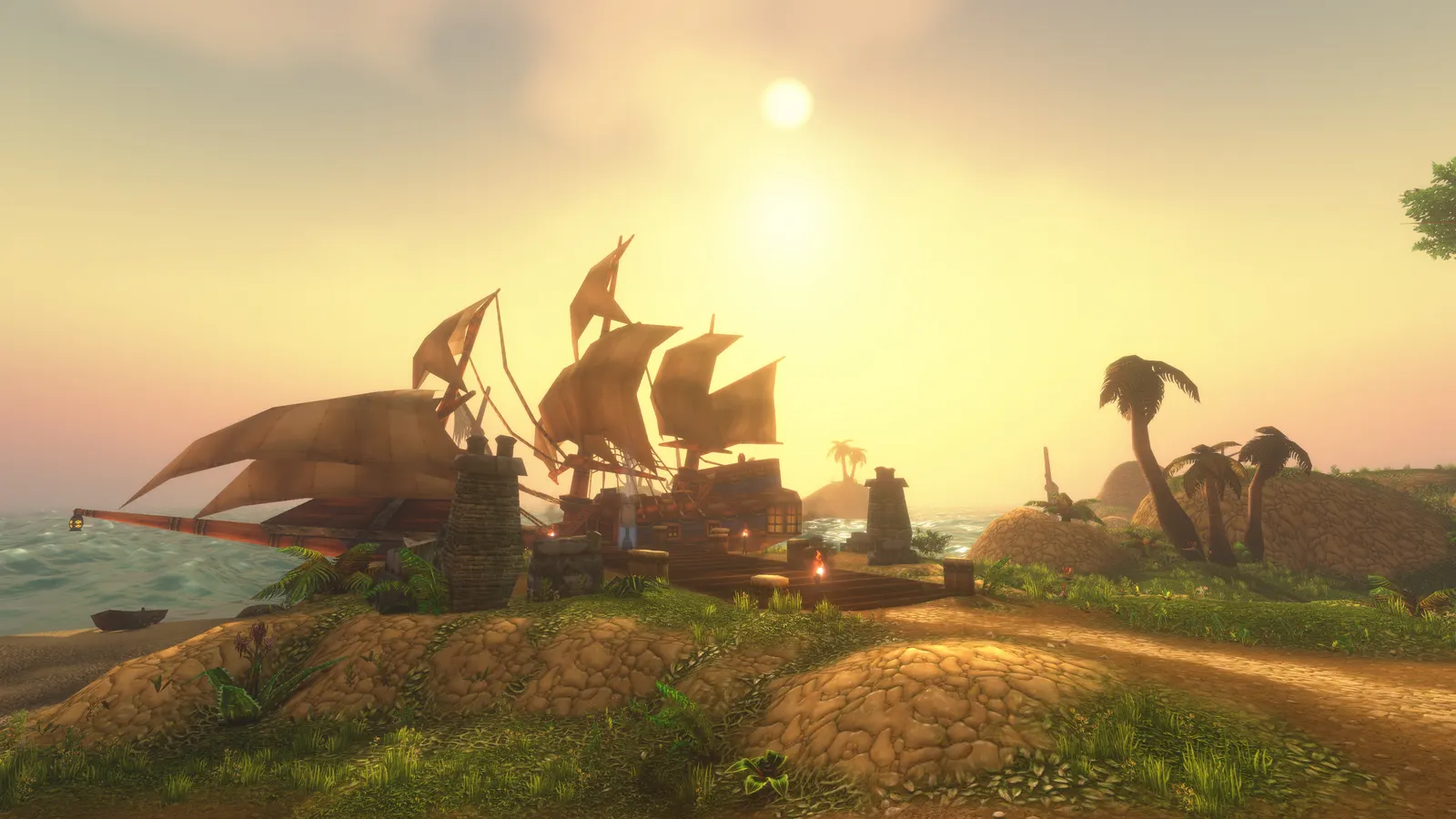 World of Warcraft: Forever screenshot: a ship at sunset off the Darkspear Islands