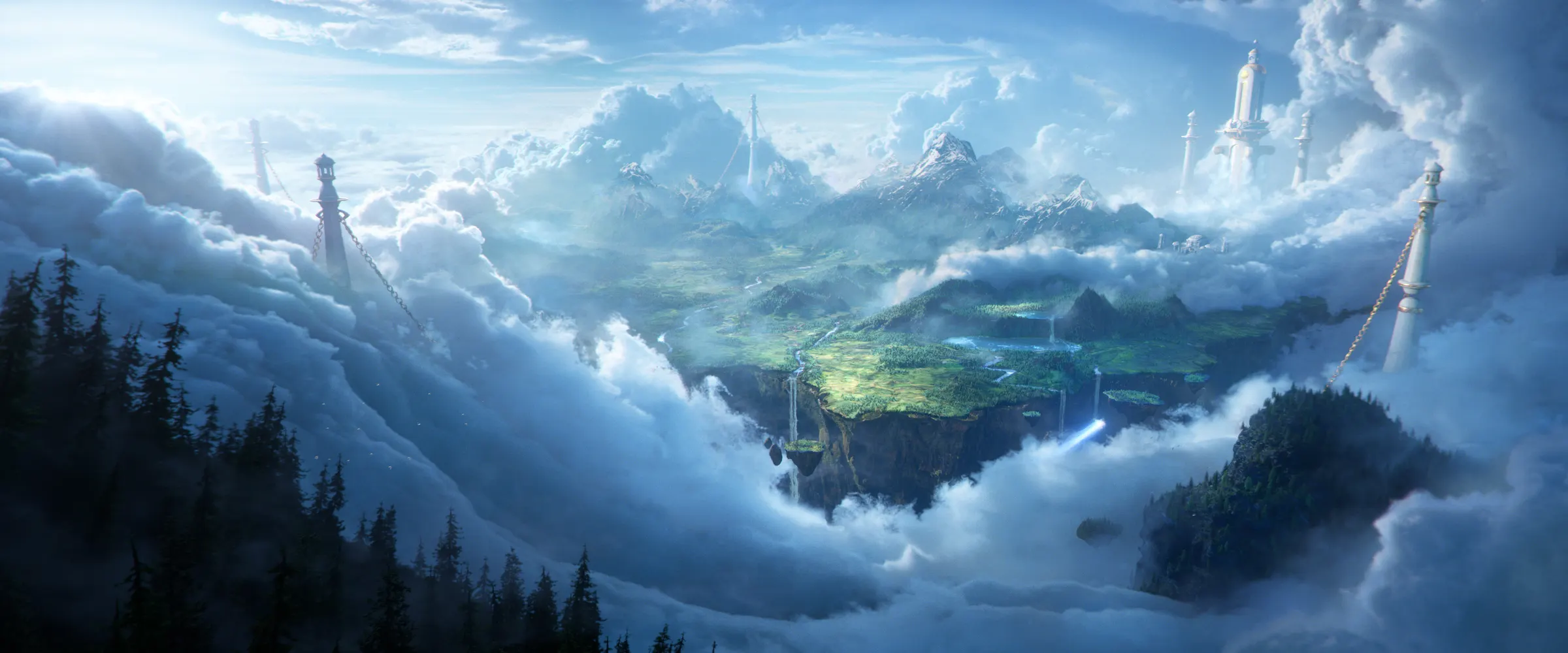 World of Warcraft: Forever cinematic still: islands floating among the clouds, with white towers above a green valley