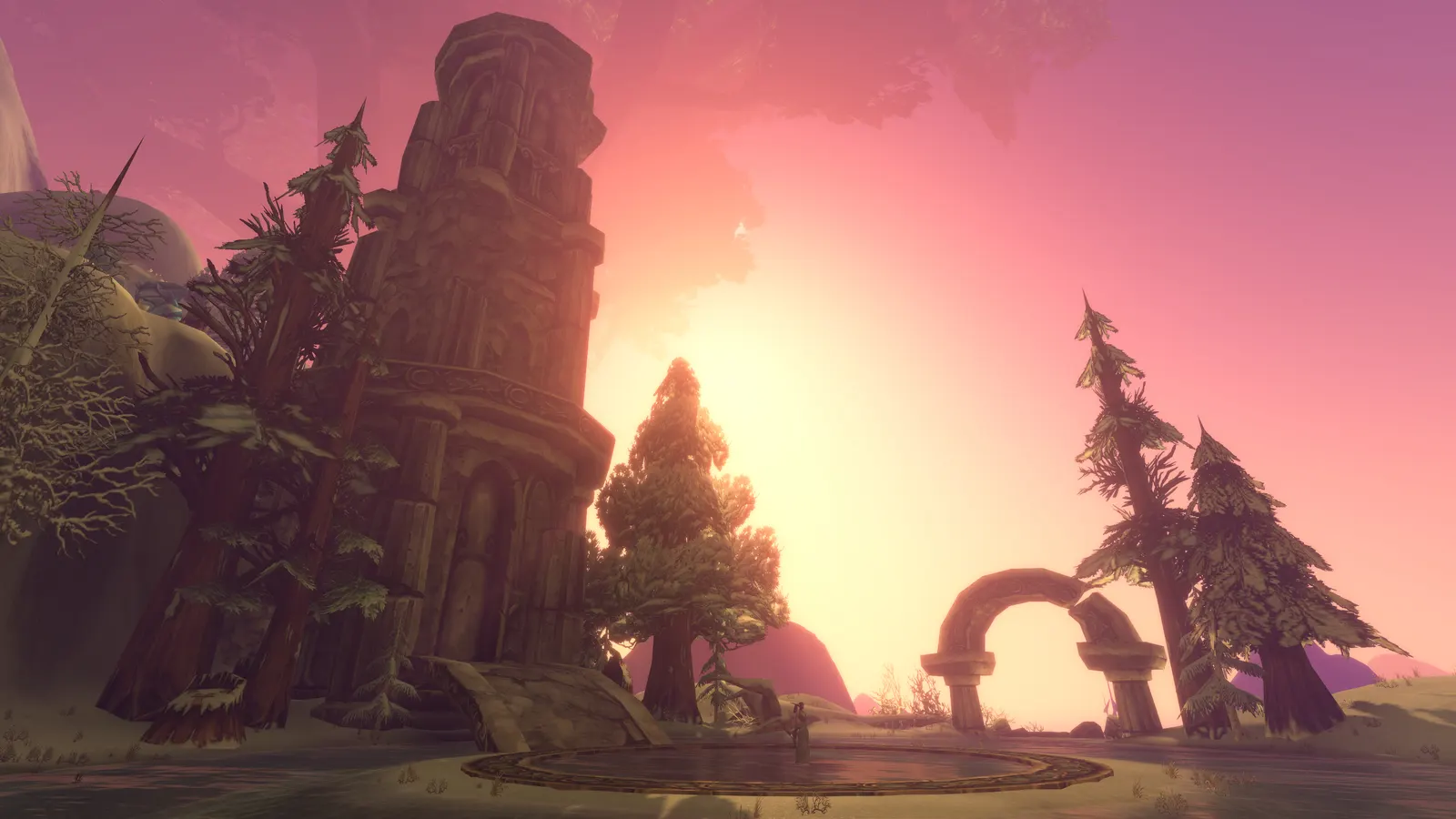 World of Warcraft: Forever screenshot: ruins at sunset in the Hyjal Summit raid